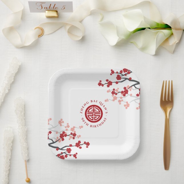 Cherry Blossoms Longevity Symbol Chinese Birthday Paper Plate (Wedding)