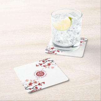Cherry Blossoms Longevity Symbol Chinese Birthday Square Paper Coaster