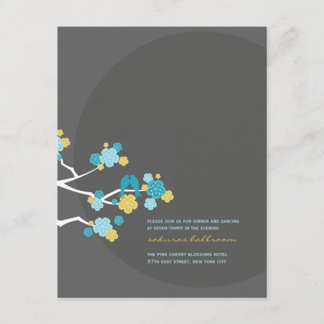 Cherry Blossoms Love Birds Wedding Reception Card (Front)