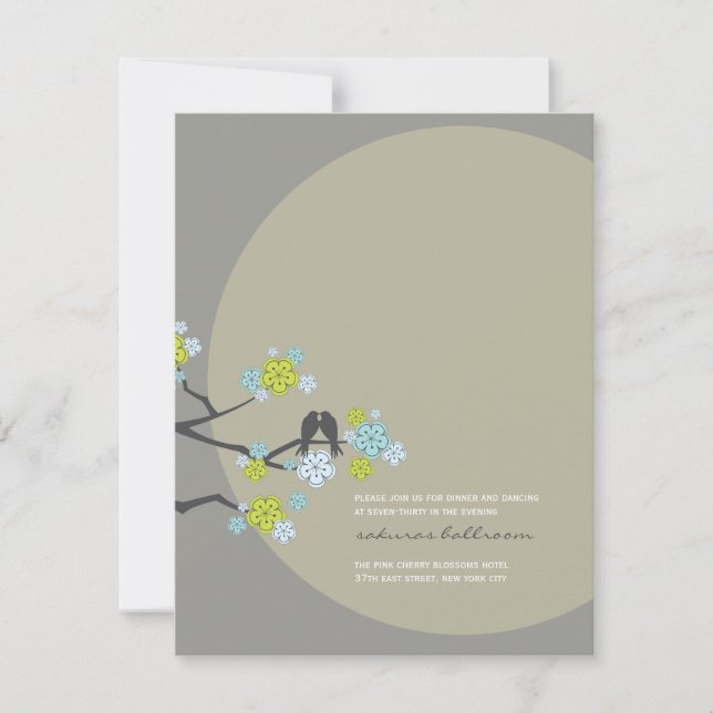 Cherry Blossoms Love Birds Wedding Reception Card (Front)