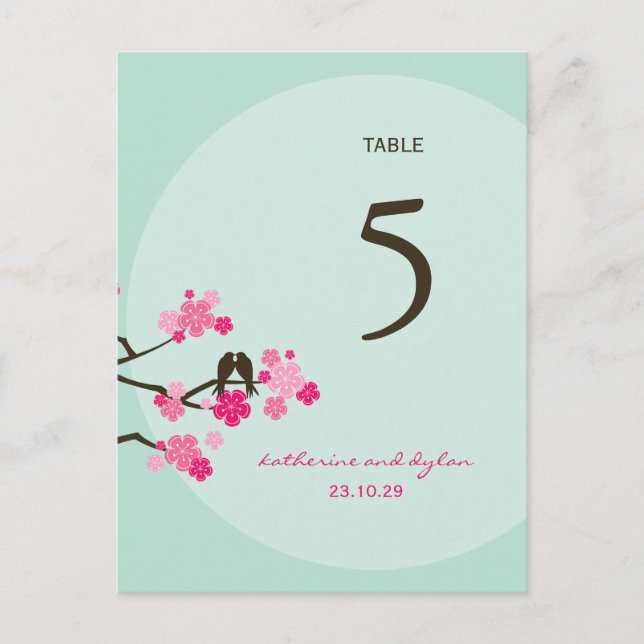 Cherry Blossoms Love Birds Wedding Table Number Postcard (Front)