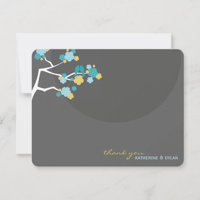 Cherry Blossoms Love Birds Wedding Thank You Card (Front)