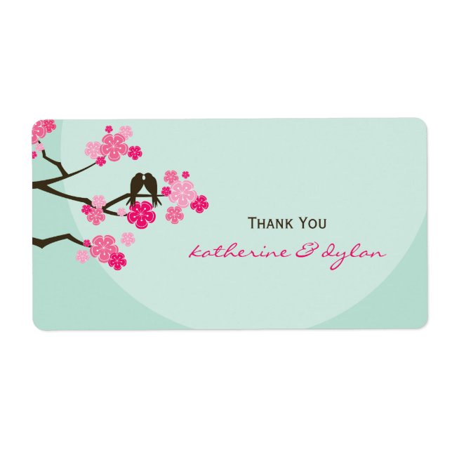 Cherry Blossoms Love Birds Wedding Thank You Label (Front)