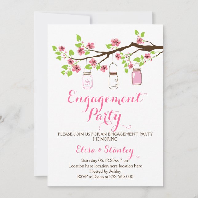 Cherry blossoms mason jar wedding engagement party invitation (Front)