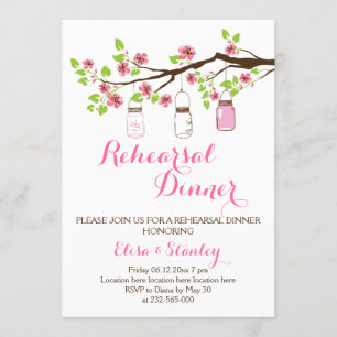 Cherry blossoms mason jar wedding rehearsal dinner invitation