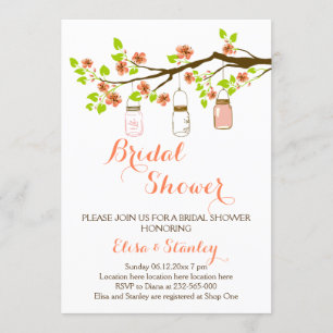 Cherry blossoms & mason jars wedding bridal shower invitation