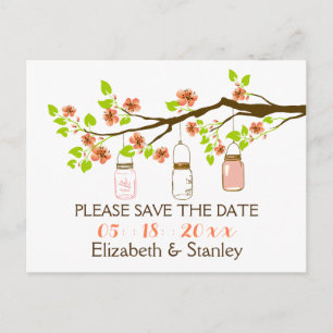 Cherry blossoms, mason jars wedding Save the Date Announcement Postcard