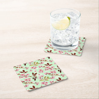 Cherry Blossoms Mint Background Paper Coasters