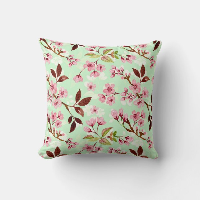 Cherry Blossoms Mint Background Throw Pillow (Front)