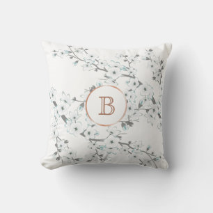 Cherry Blossoms Mint White Rose Gold Monogram Cushion