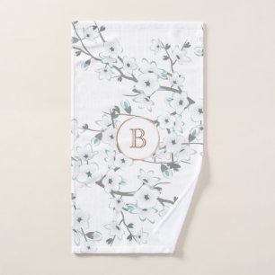 Cherry Blossoms Mint White Rose Gold Monogram Hand Towel