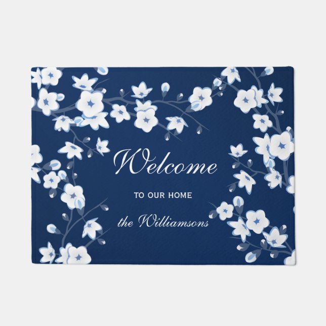 Cherry Blossoms Navy Blue White Welcome Doormat (Front)