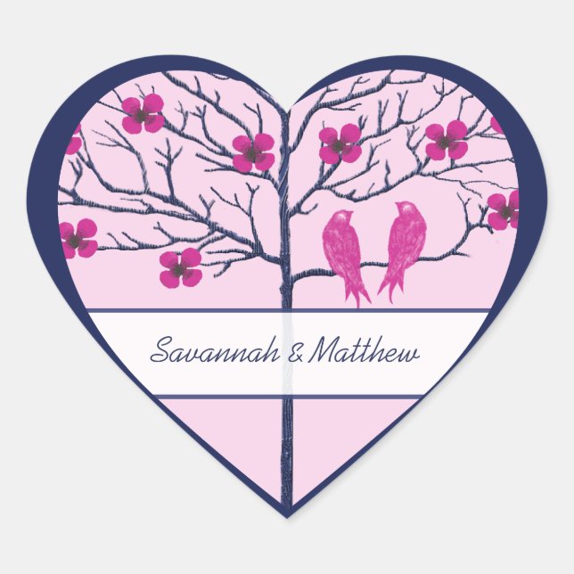 Cherry Blossoms Navy & Fuchsia Love Birds Heart Sticker (Front)