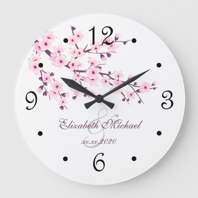 Cherry Blossoms Newlyweds Names White Pink Large Clock (Front)