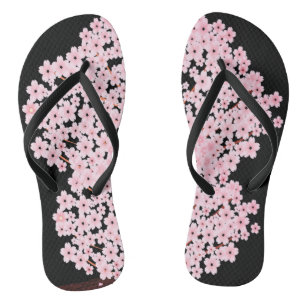 Cherry Blossoms on Black  Flip Flops