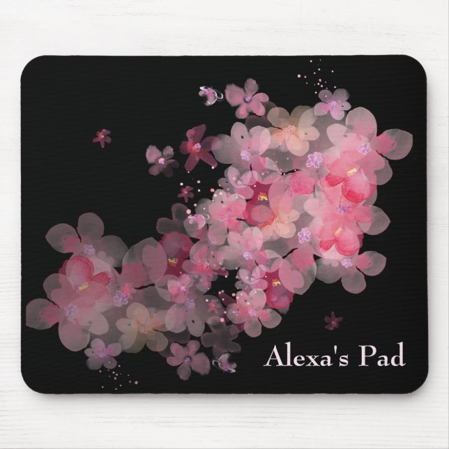 Cherry Blossoms On Black Mouse Mat (Front)