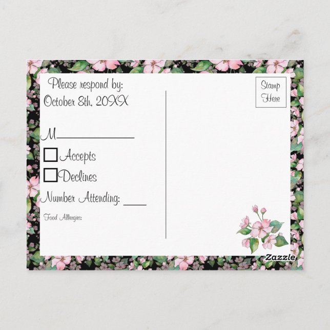 Cherry Blossoms on Black Wedding RSVP Postcard (Back)