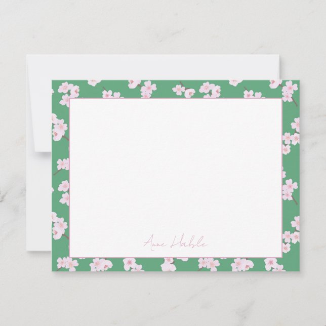 Cherry Blossoms on Green Personalised Note Card (Front)