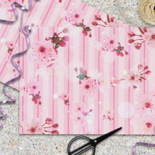 Cherry Blossoms On Pink Striped Pattern Tissue Paper