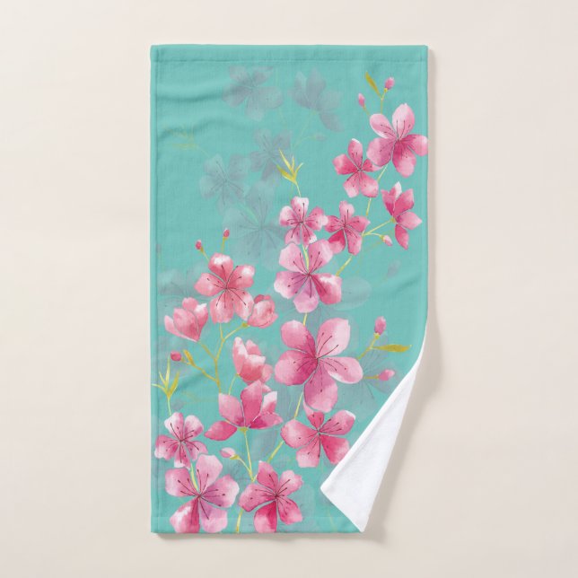 Cherry Blossoms on Teal Hand Towel (Hand Towel)