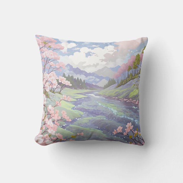 Cherry Blossoms Pastel Watercolor Landscape Cushion (Front)