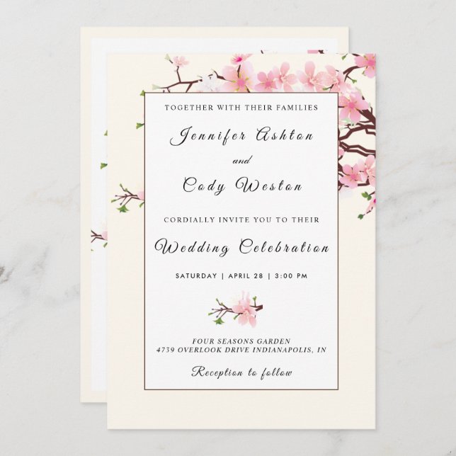Cherry Blossoms Pink Beige Wedding Invitation Card (Front/Back)