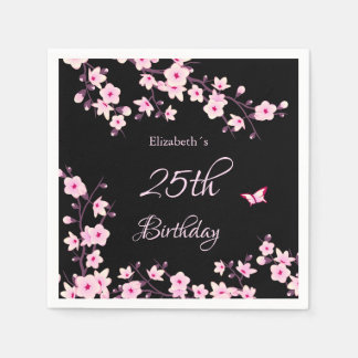 Cherry Blossoms Pink Black Custom Birthday  Napkin