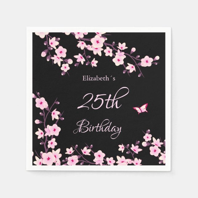 Cherry Blossoms Pink Black Custom Birthday  Napkin (Front)