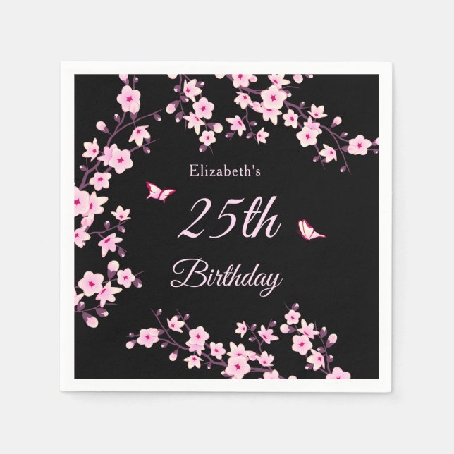 Cherry Blossoms Pink Black Custom Napkin (Front)