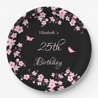 Cherry Blossoms Pink Black Custom Paper Plate