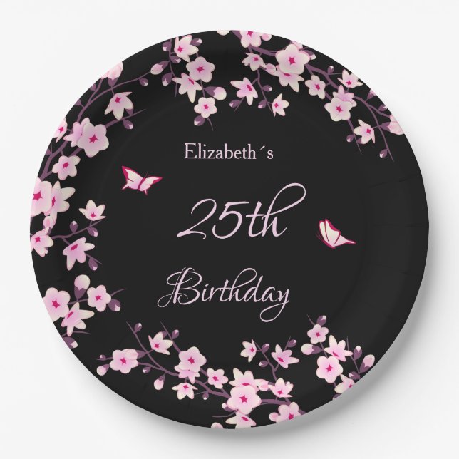Cherry Blossoms Pink Black Custom Paper Plate (Front)