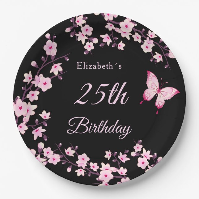 Cherry Blossoms Pink Black Custom Paper Plate (Front)