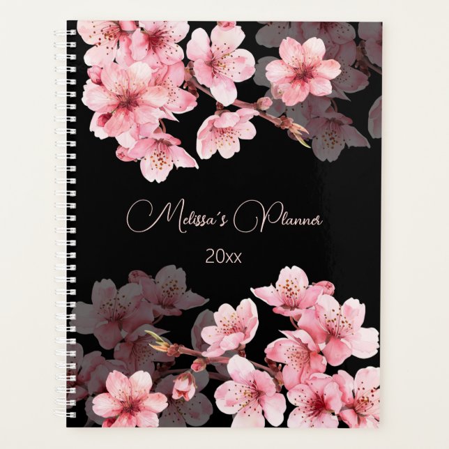 Cherry Blossoms Pink Black Custom Planner (Front)