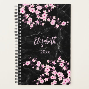 Cherry Blossoms Pink Black Marble Custom Planner