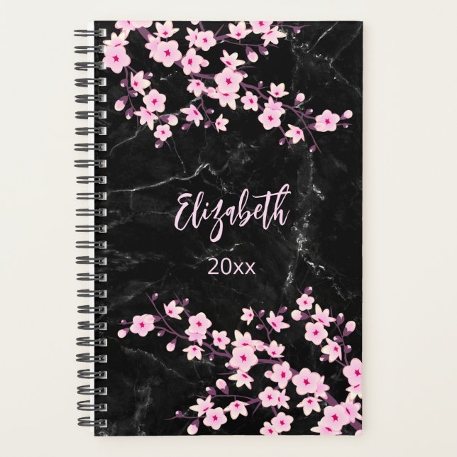 Cherry Blossoms Pink Black Marble Custom Planner (Front)