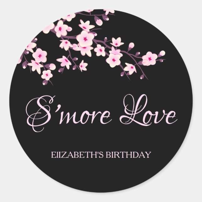 Cherry Blossoms Pink Black S'more Love Classic Round Sticker (Front)