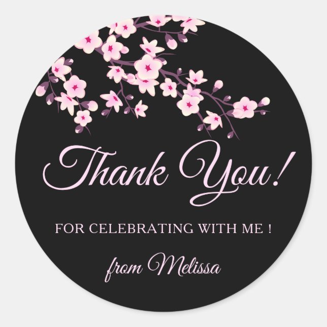 Cherry Blossoms Pink Black Thank You Classic Round Sticker (Front)