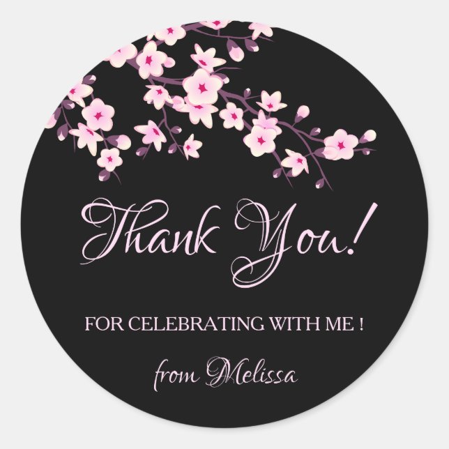 Cherry Blossoms Pink Black Thank You Classic Round Sticker (Front)