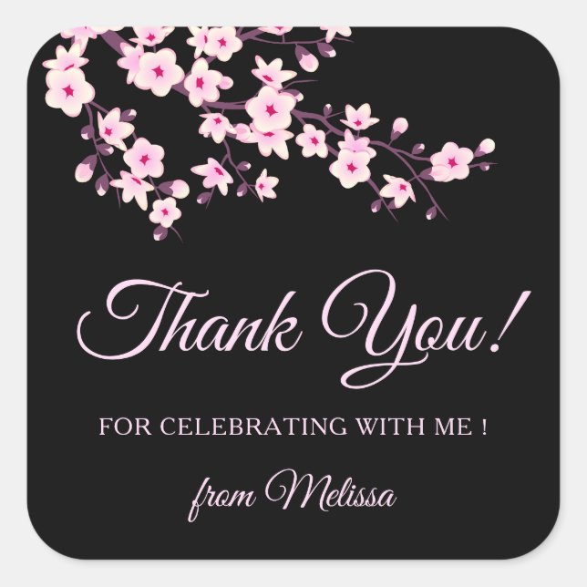 Cherry Blossoms Pink Black Thank You Square Sticker (Front)
