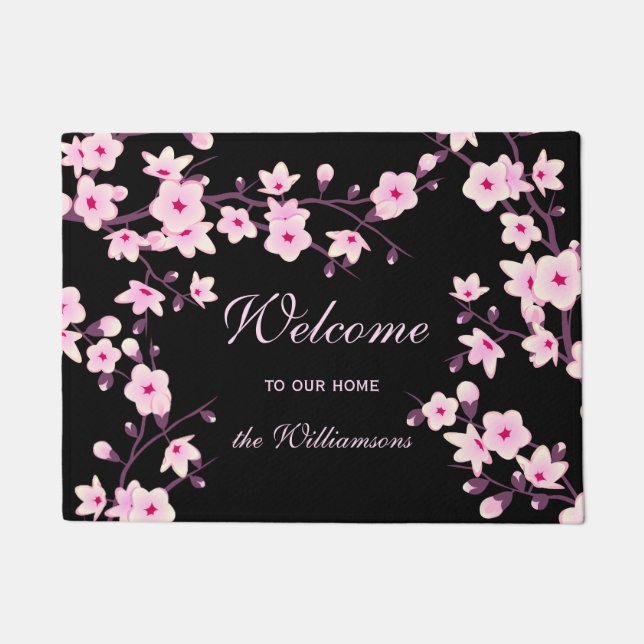 Cherry Blossoms Pink Black Welcome Family Name Doormat (Front)