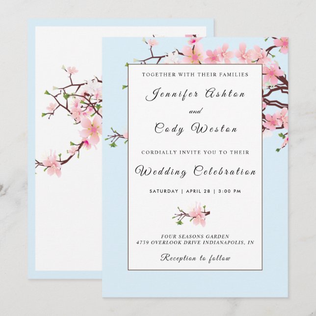 Cherry Blossoms Pink Blue Wedding Invitation Card (Front/Back)