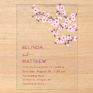 Cherry Blossoms Pink Clear Casual Wedding Acrylic Invitations