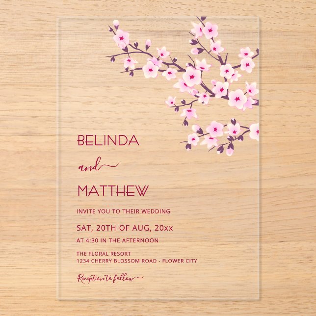 Cherry Blossoms Pink Clear Casual Wedding Acrylic Invitations (Front)