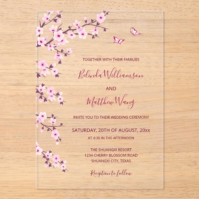 Cherry Blossoms Pink Clear Wedding Acrylic Invitations (Front)