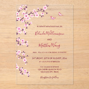 Cherry Blossoms Pink Clear Wedding Acrylic Invitations