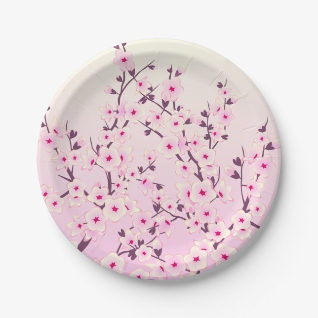 Cherry Blossoms Pink Floral Paper Plate (Front)