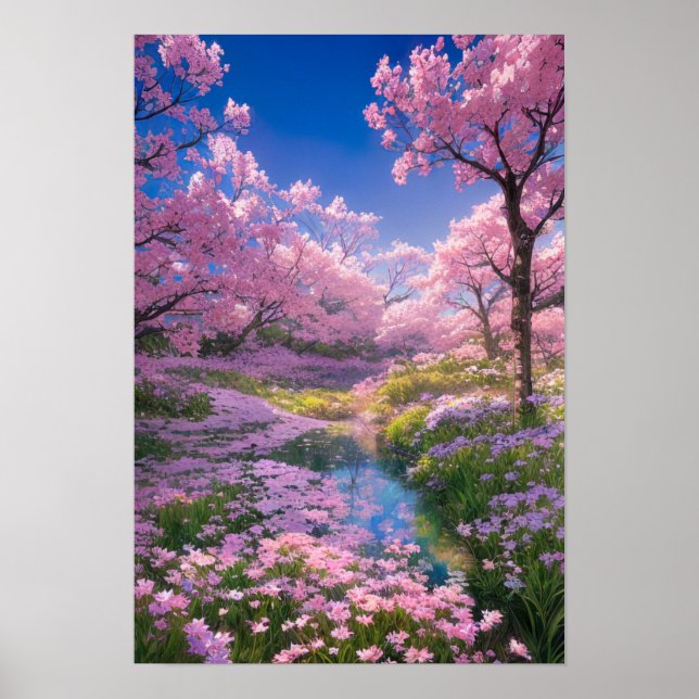 Cherry Blossoms, Pink Flowers, and a Gentle Stream Poster (Front)