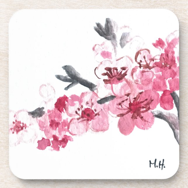 Cherry blossoms pink flowers coaster (Front)