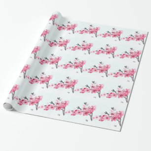 Cherry blossoms pink flowers Sakura Japanese Asian Wrapping Paper