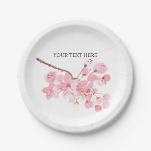 cherry blossoms pink flowers watercolor birthday  paper plate